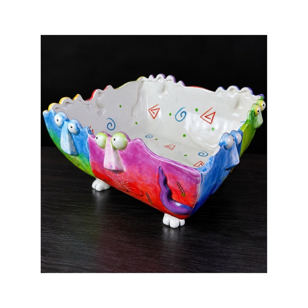 Large Vintage Animated Cat Salad Bowl Handpainted Colorful Ceramic 11"